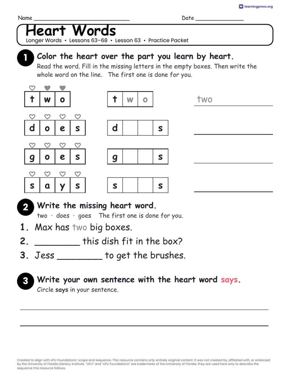 Preview page 3 of UFLI Aligned Worksheets · Lessons 63 – 68 · Longer Words Unit Bundle