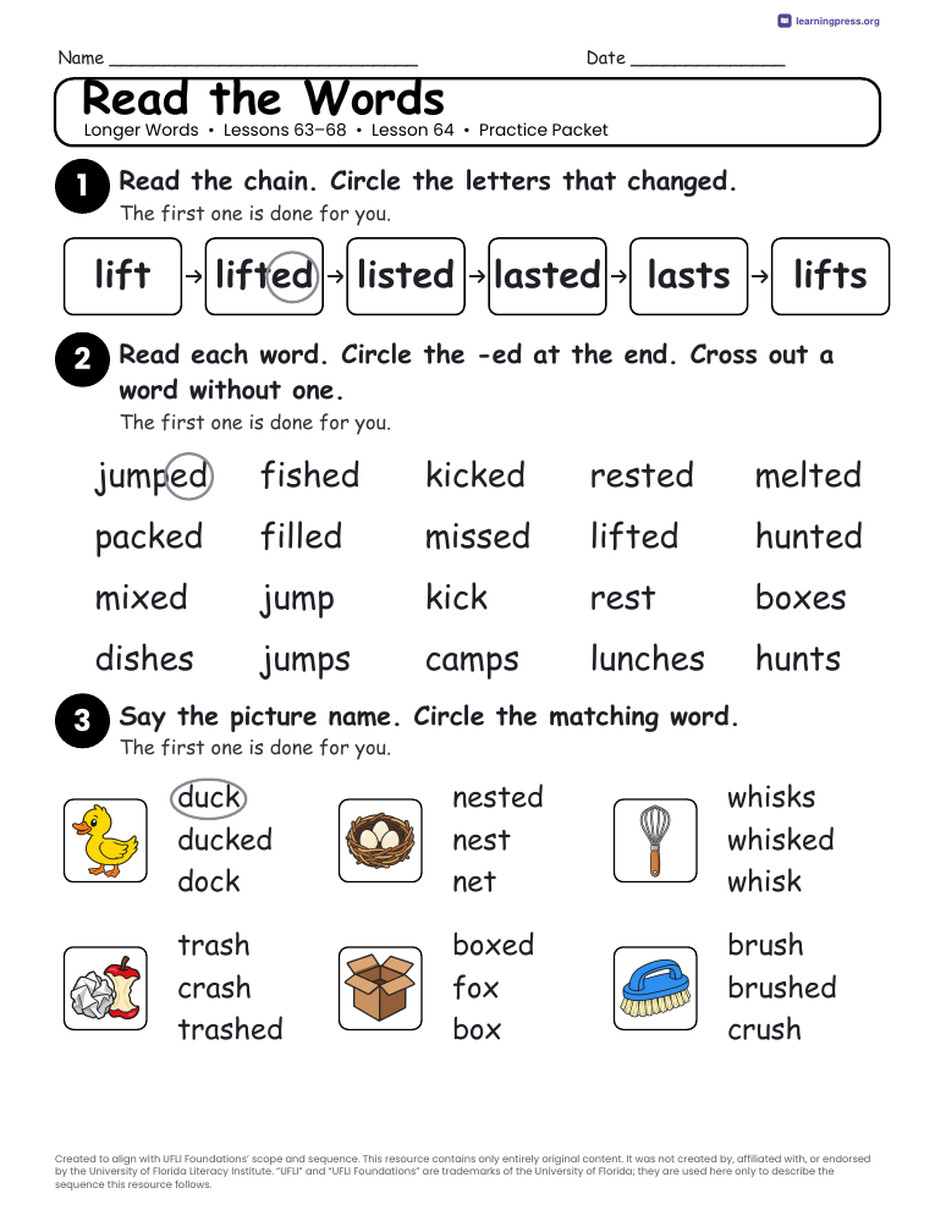 Preview page 4 of UFLI Aligned Worksheets · Lessons 63 – 68 · Longer Words Unit Bundle