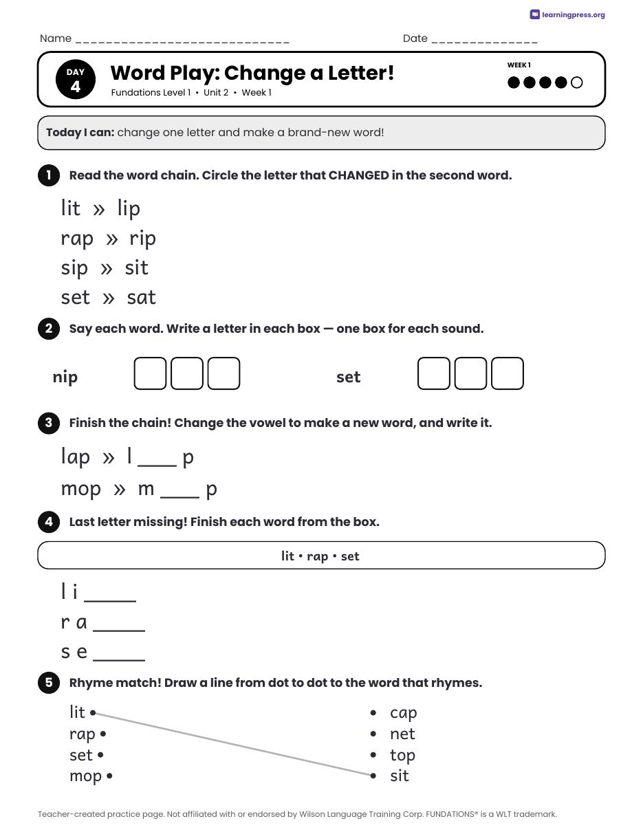 Preview page 2 of Fundations Level 1 Unit 2 Daily Lesson Work Pages
