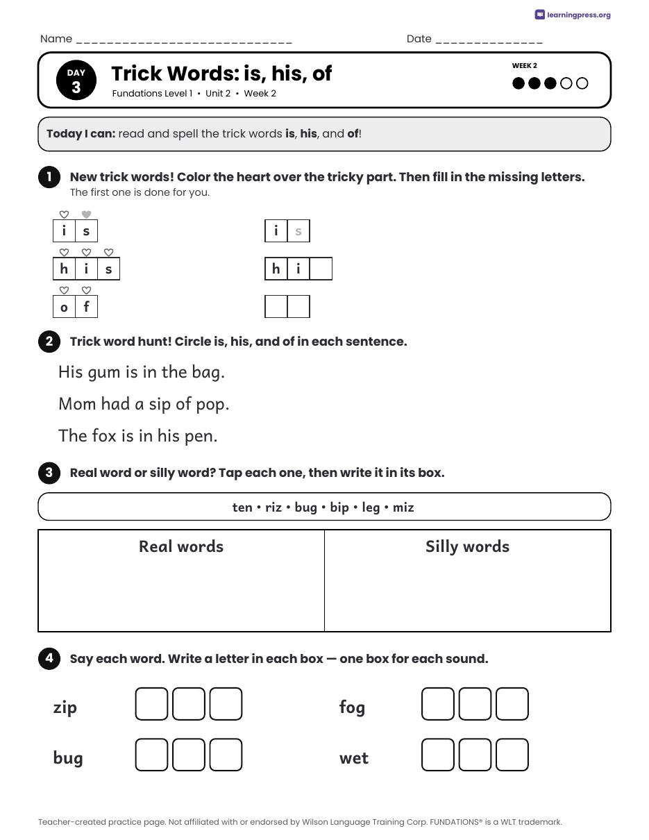 Preview page 4 of Fundations Level 1 Unit 2 Daily Lesson Work Pages
