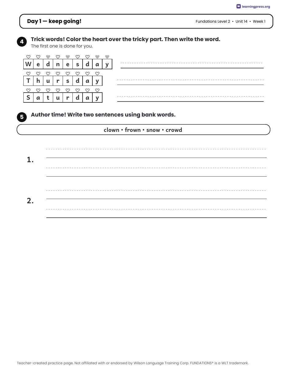 Preview page 1 of Fundations Level 2 Unit 14 Daily Lesson Work Pages