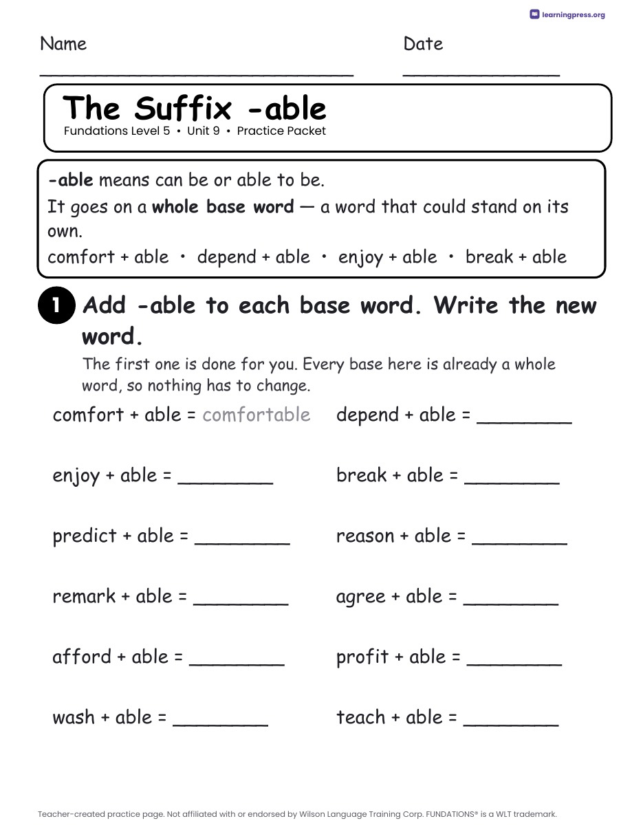 Preview page 1 of Fundations Level 5 Unit 9 Worksheets