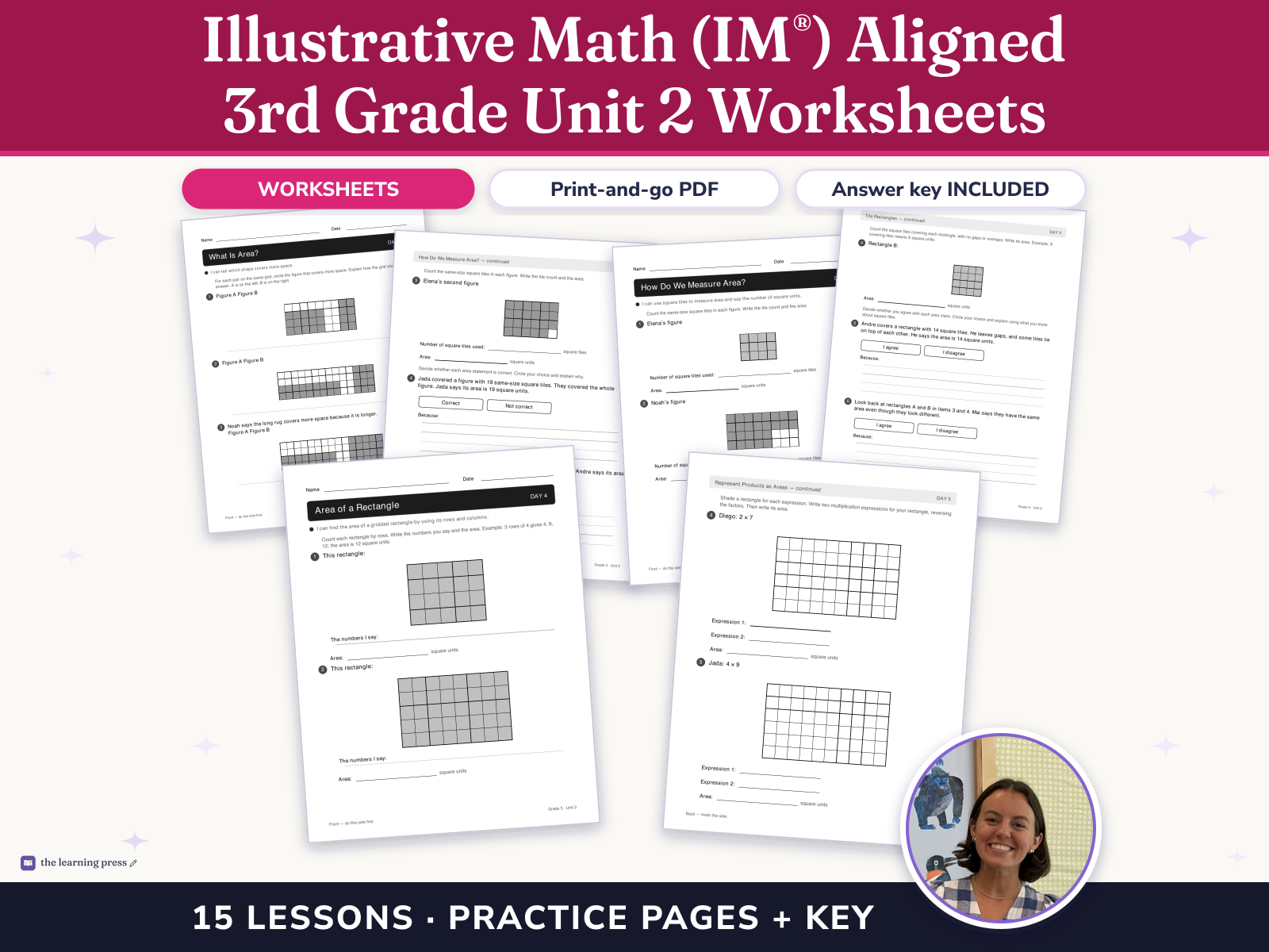 Preview page 1 of Illustrative Math (IM®) Aligned 3rd Grade Unit 2 Worksheets: Area and Multiplication