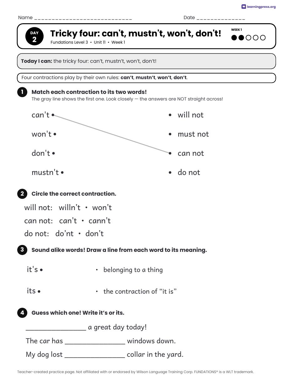 Preview page 1 of Fundations Level 3 Unit 11 Daily Lesson Work Pages