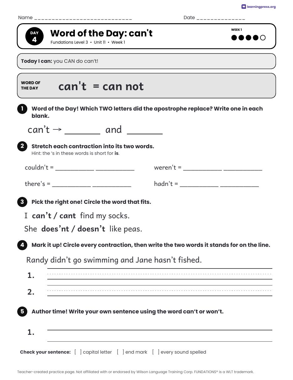 Preview page 2 of Fundations Level 3 Unit 11 Daily Lesson Work Pages