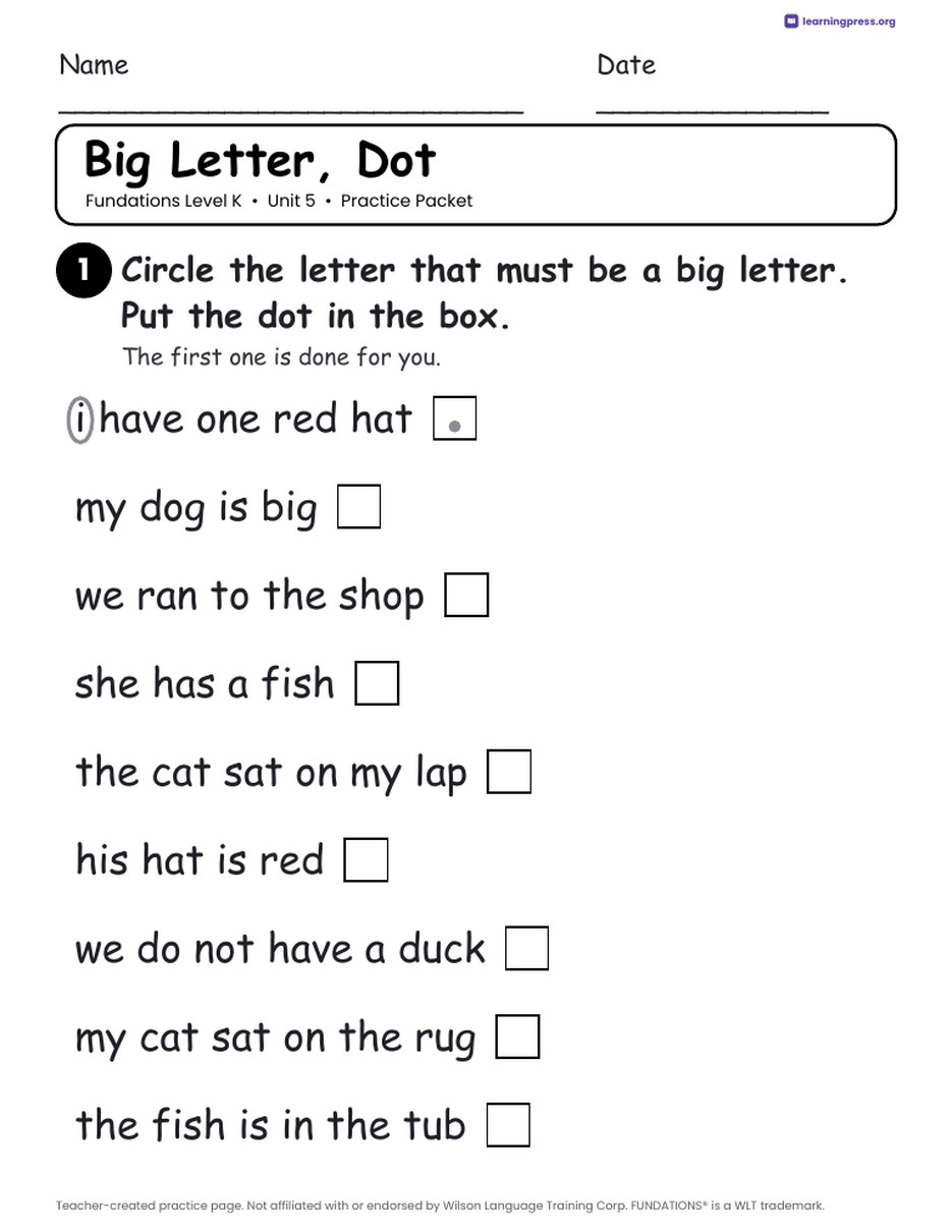 Preview page 1 of Fundations Level K Unit 5 Worksheets