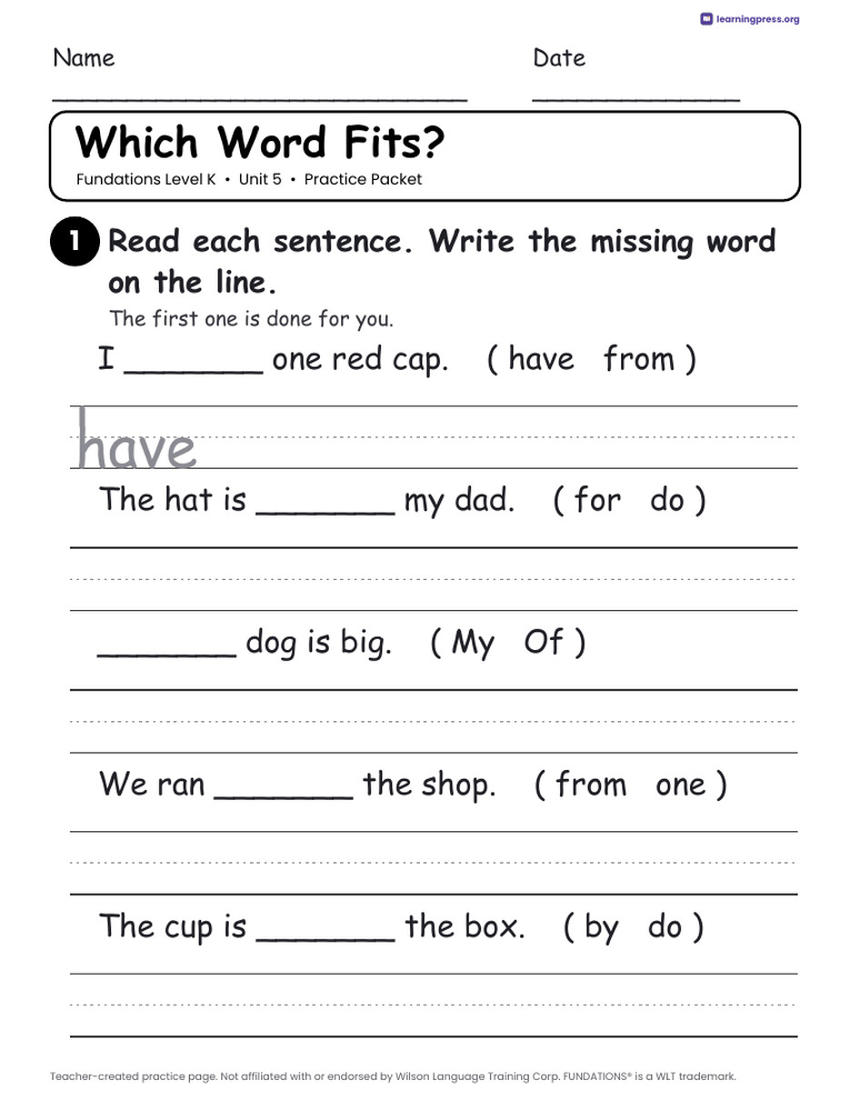 Preview page 2 of Fundations Level K Unit 5 Worksheets