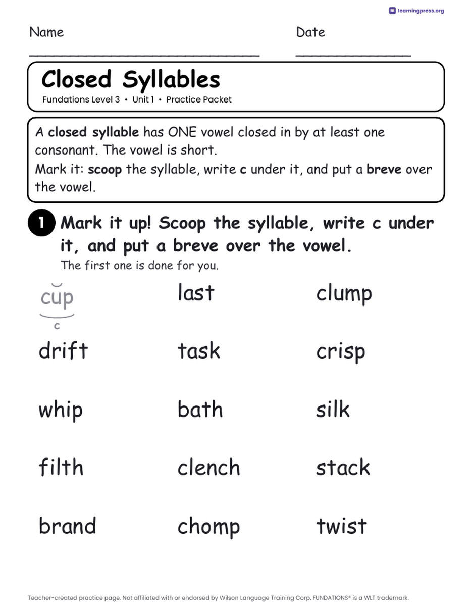 Preview page 1 of Fundations Level 3 Unit 1 Worksheets