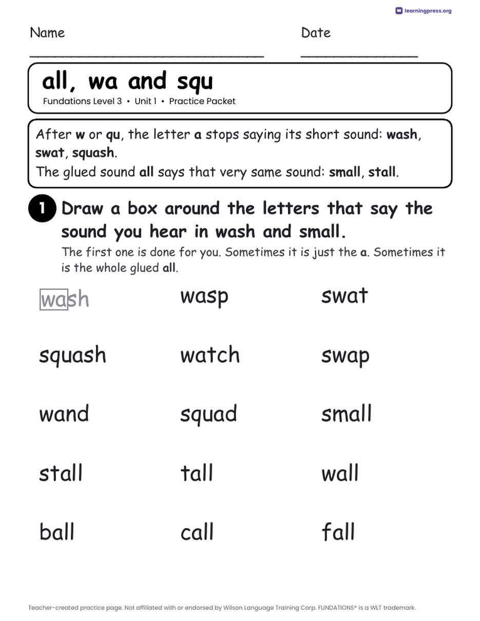 Preview page 2 of Fundations Level 3 Unit 1 Worksheets