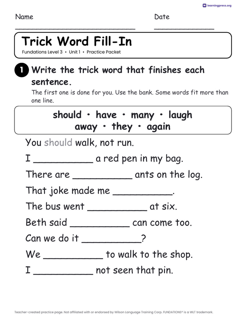 Preview page 3 of Fundations Level 3 Unit 1 Worksheets