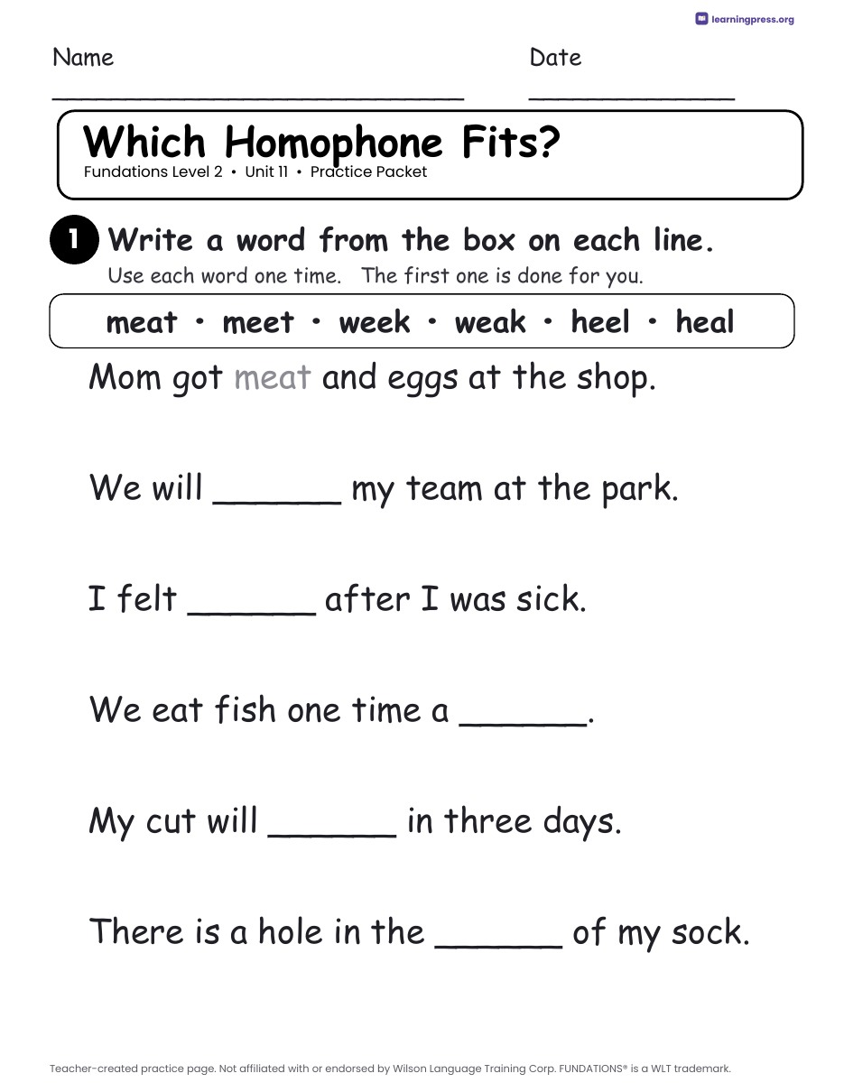 Preview page 2 of Fundations Level 2 Unit 11 Worksheets
