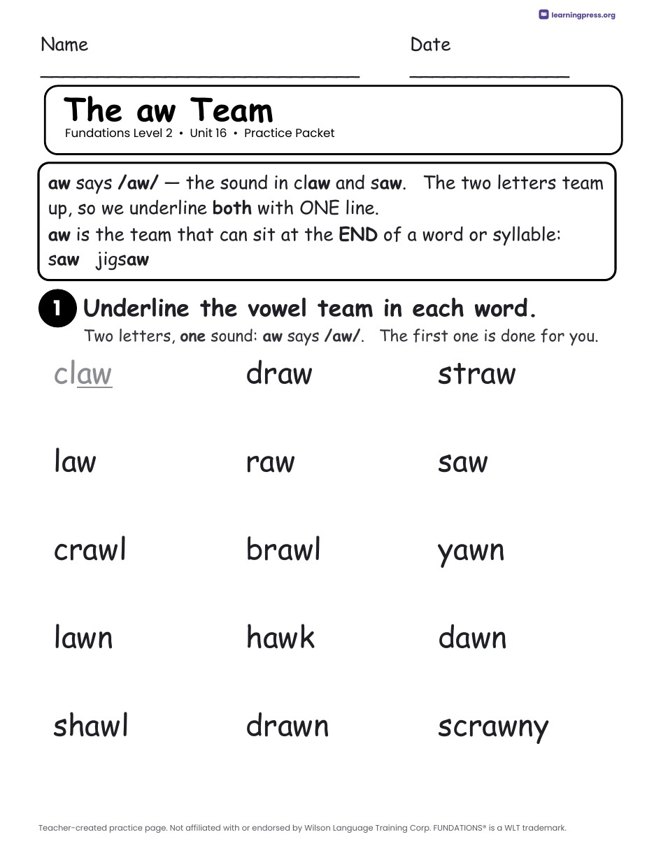 Preview page 1 of Fundations Level 2 Unit 16 Worksheets