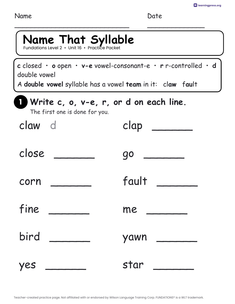 Preview page 2 of Fundations Level 2 Unit 16 Worksheets