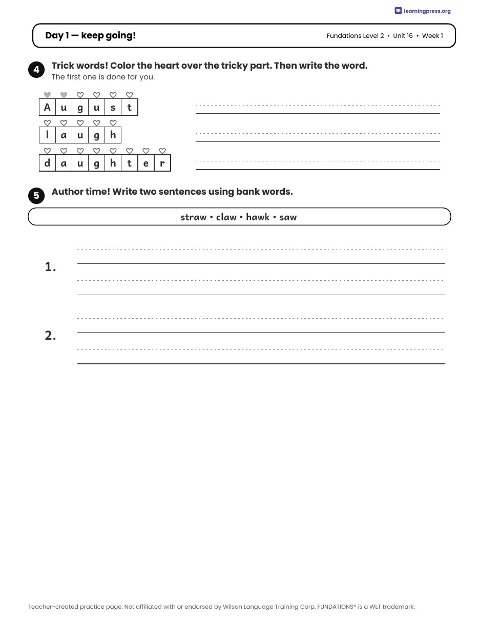 Preview page 1 of Fundations Level 2 Unit 16 Daily Lesson Work Pages
