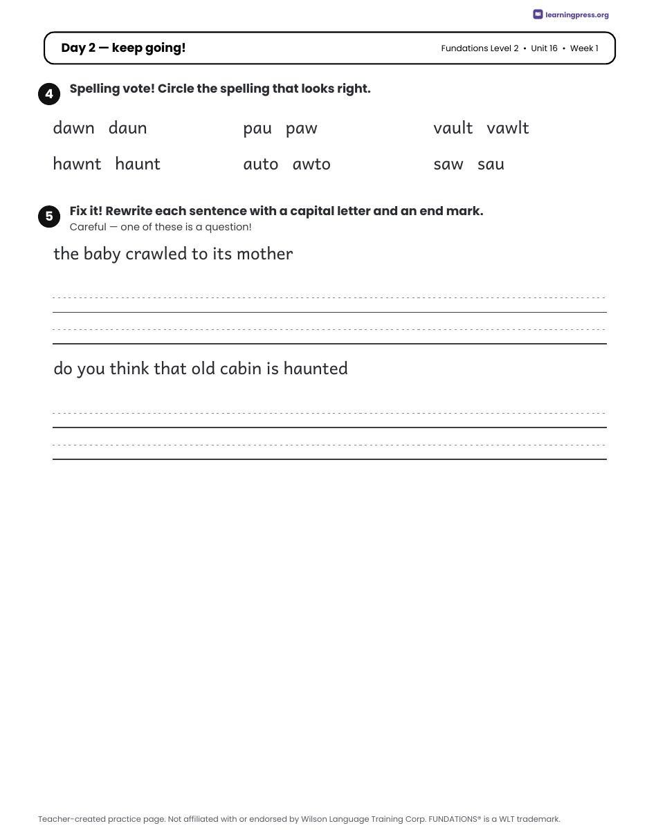 Preview page 2 of Fundations Level 2 Unit 16 Daily Lesson Work Pages