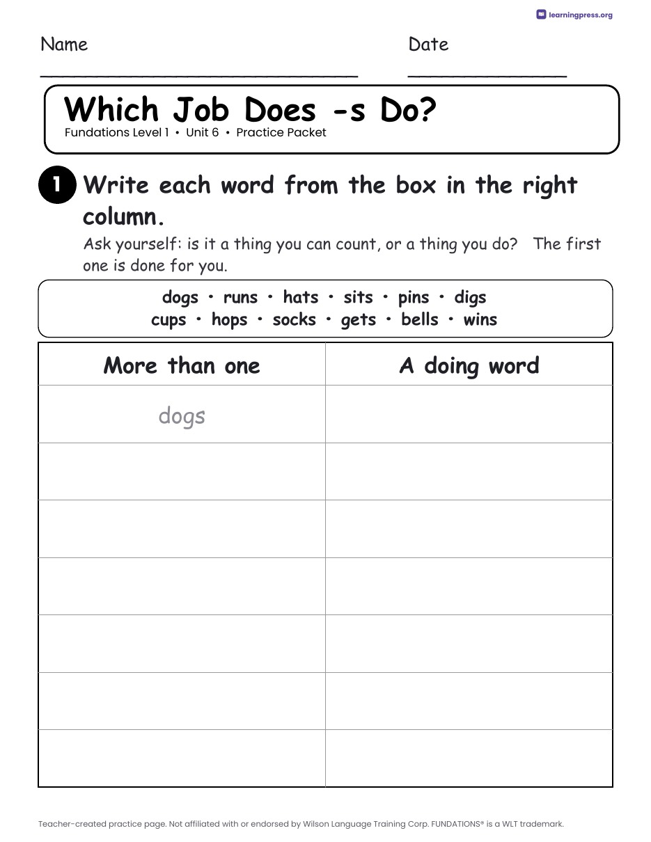 Preview page 2 of Fundations Level 1 Unit 6 Worksheets