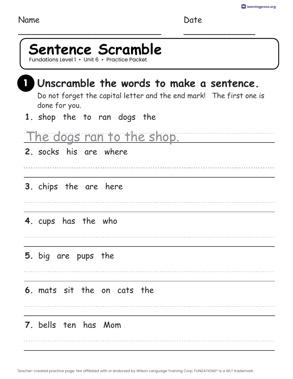 Preview page 4 of Fundations Level 1 Unit 6 Worksheets