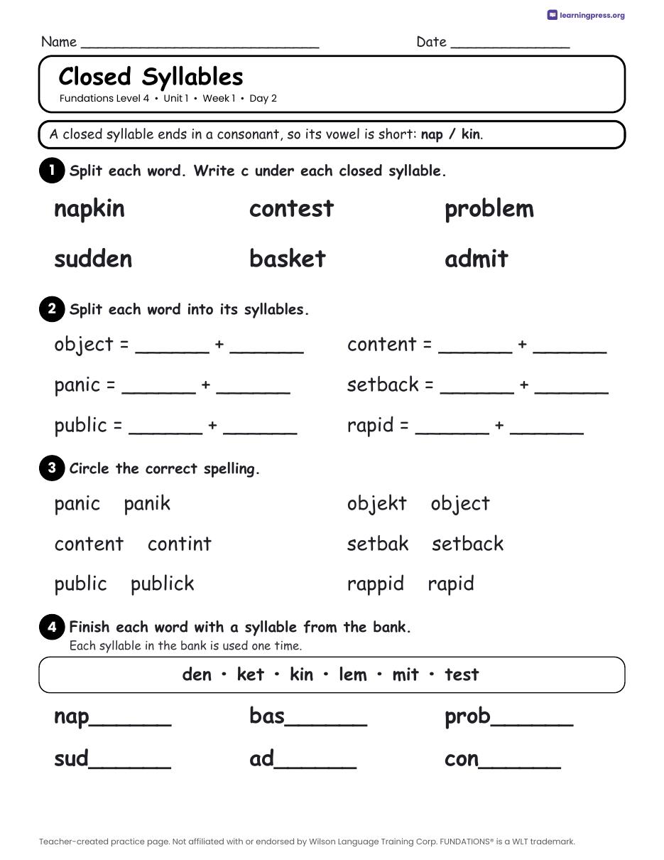 Preview page 1 of Fundations Level 4 Unit 1 Daily Lesson Work Pages
