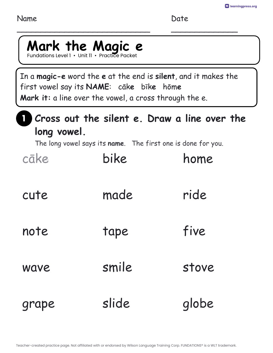 Preview page 1 of Fundations Level 1 Unit 11 Worksheets