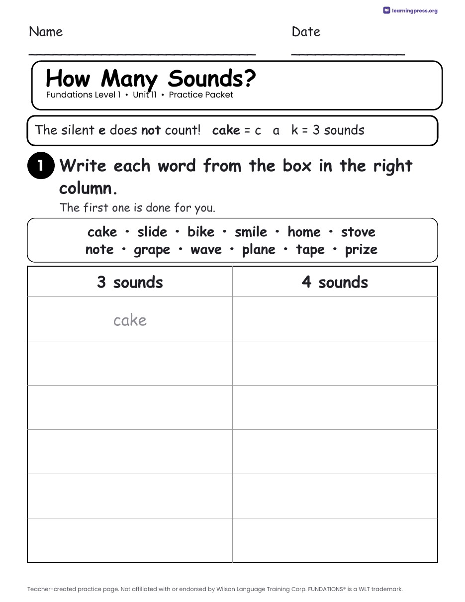 Preview page 2 of Fundations Level 1 Unit 11 Worksheets