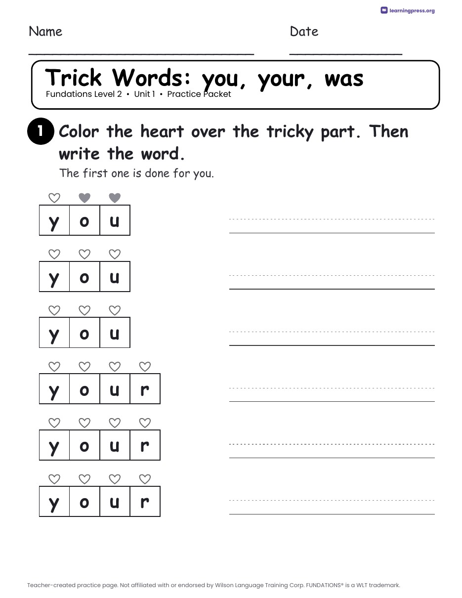 Preview page 1 of Fundations Level 2 — Full-Year Worksheets Bundle (All Units 1–17)