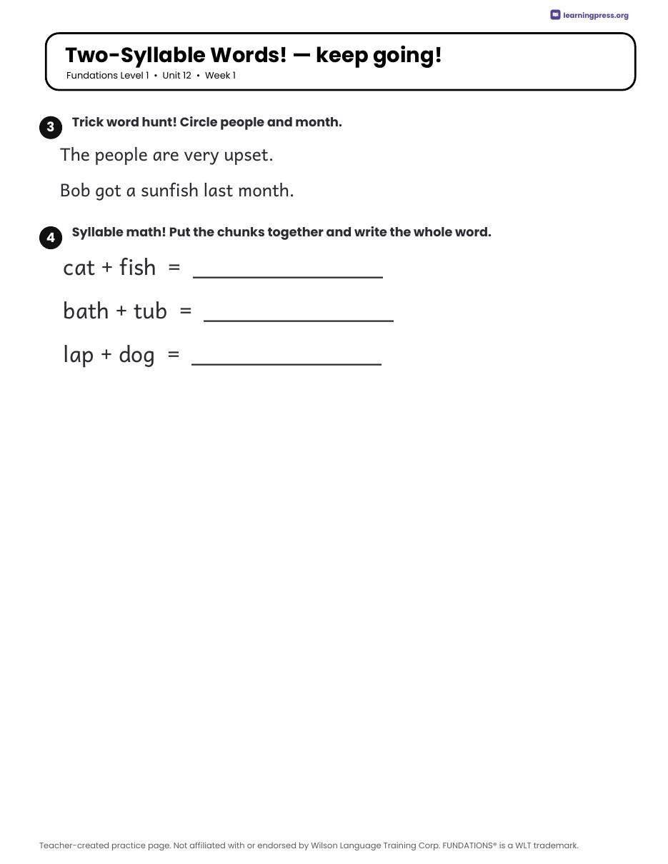 Preview page 1 of Fundations Level 1 Unit 12 Daily Lesson Work Pages