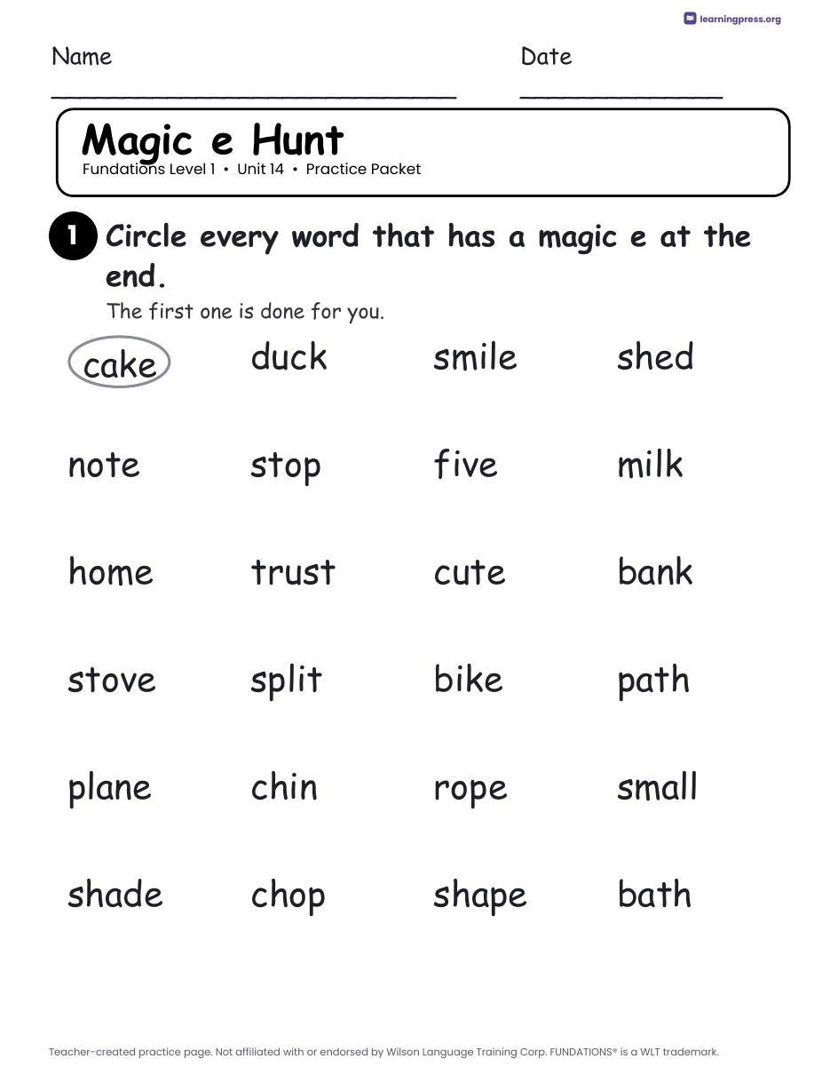 Preview page 2 of Fundations Level 1 Unit 14 Worksheets