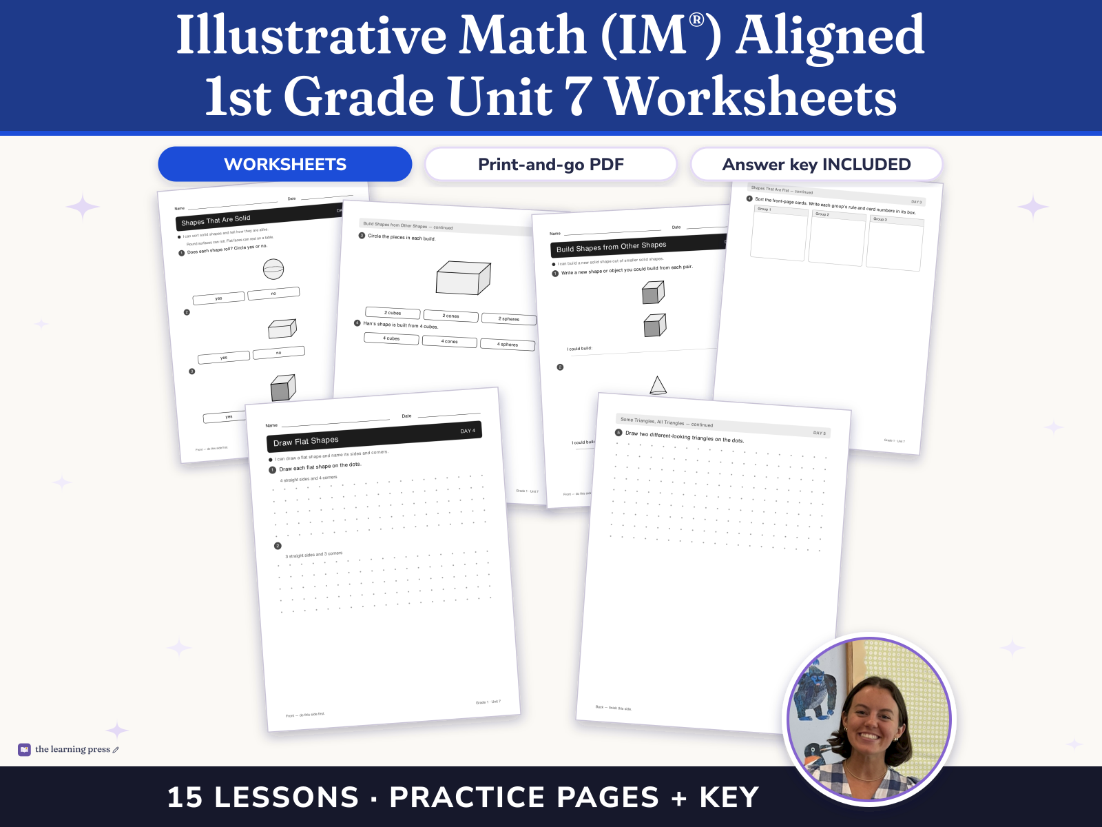 Preview page 1 of Illustrative Math (IM®) Aligned 1st Grade Unit 7 Worksheets: Geometry and Time