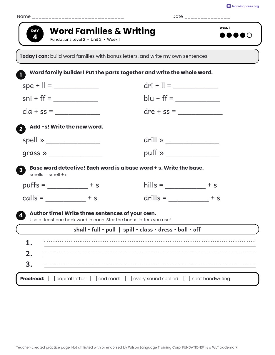 Preview page 2 of Fundations Level 2 Unit 2 Daily Lesson Work Pages