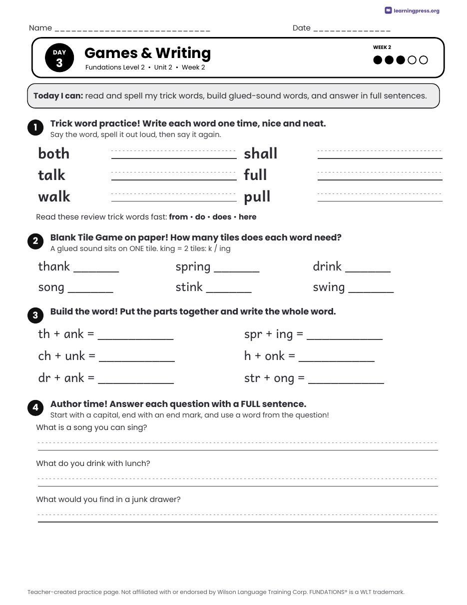 Preview page 4 of Fundations Level 2 Unit 2 Daily Lesson Work Pages