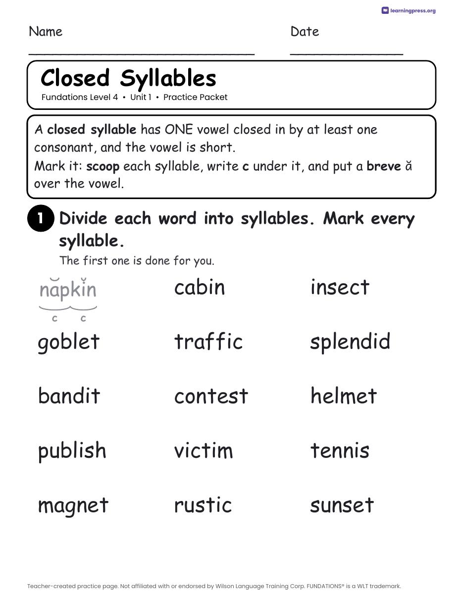 Preview page 1 of Fundations Level 4 Unit 1 Worksheets