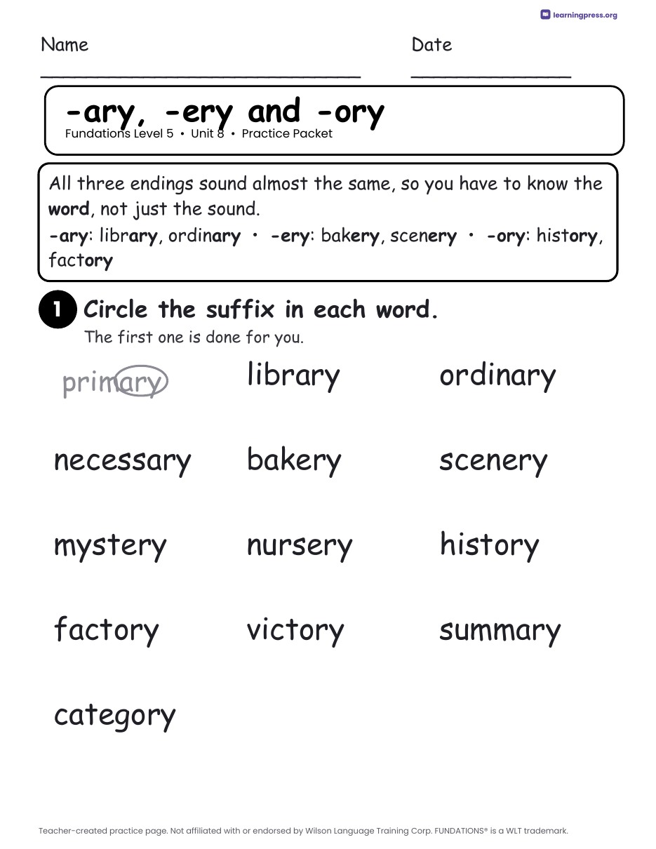 Preview page 1 of Fundations Level 5 Unit 8 Worksheets