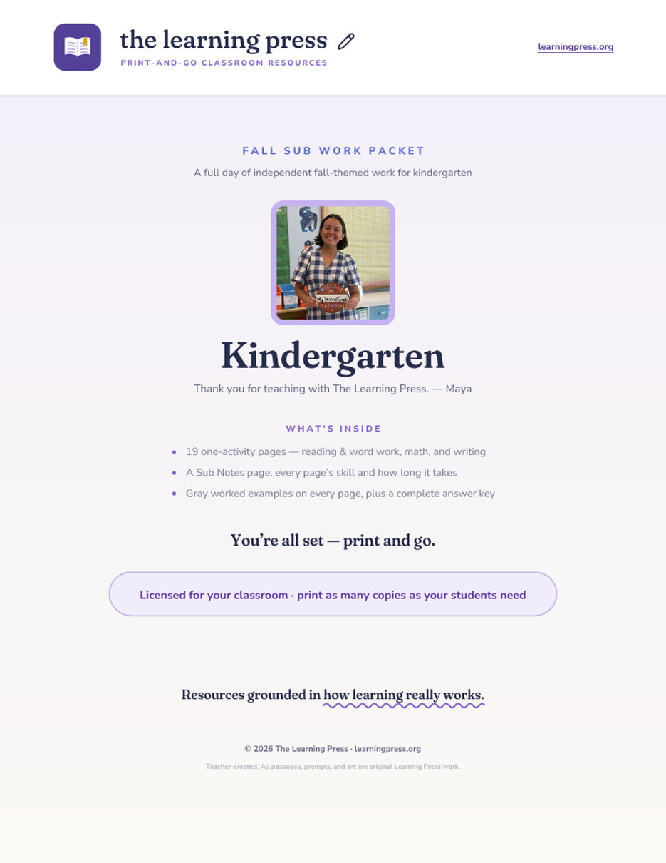 Preview page 1 of Fall Sub Work Packets · Bundle K–5