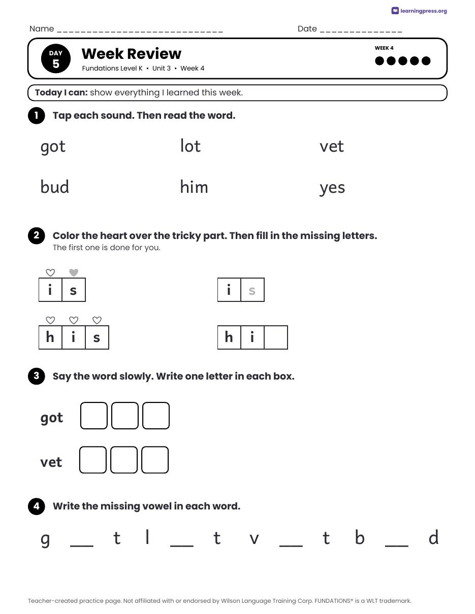 Preview page 3 of Fundations Level K Unit 3 Daily Lesson Work Pages