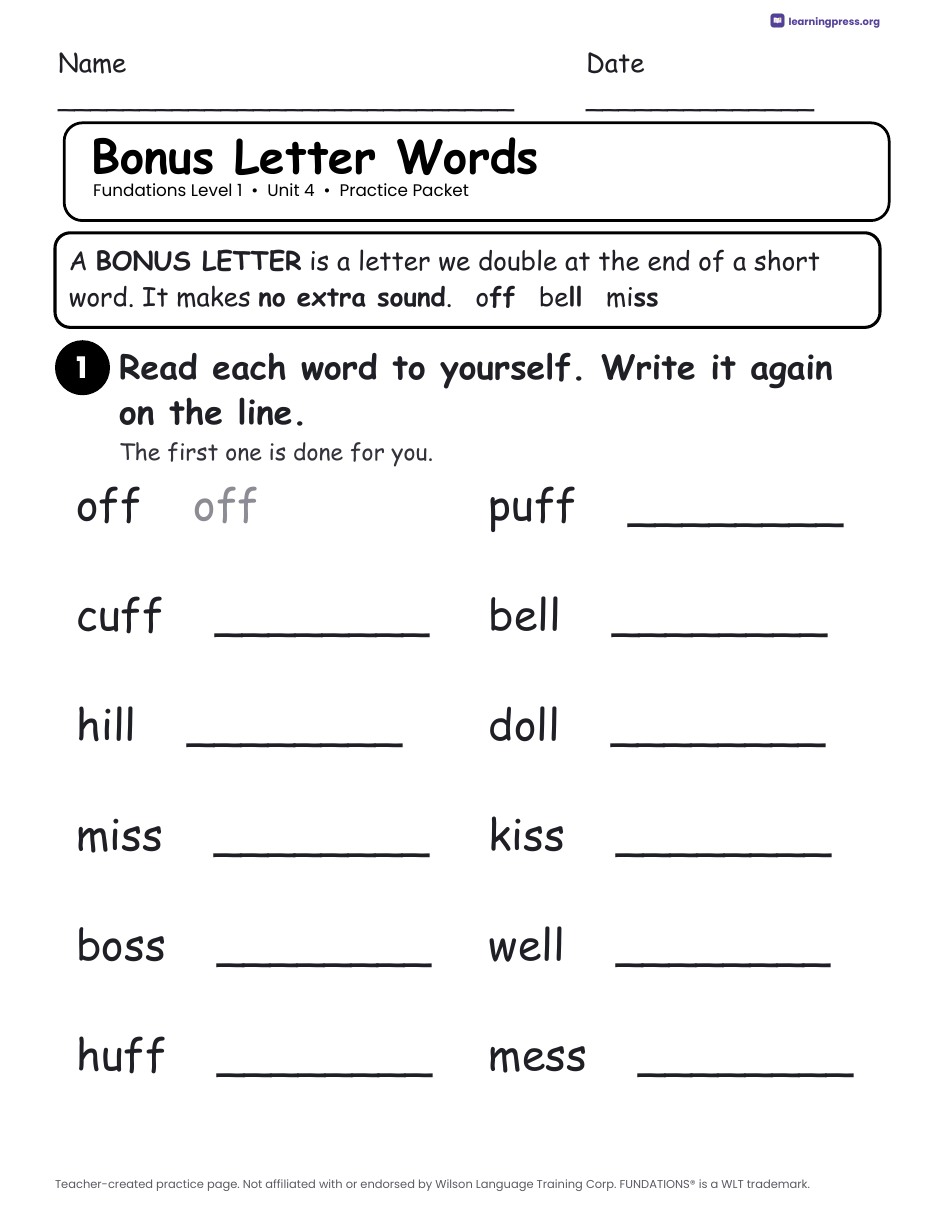 Preview page 1 of Fundations Level 1 Unit 4 Worksheets