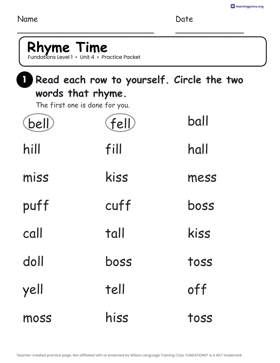 Preview page 2 of Fundations Level 1 Unit 4 Worksheets