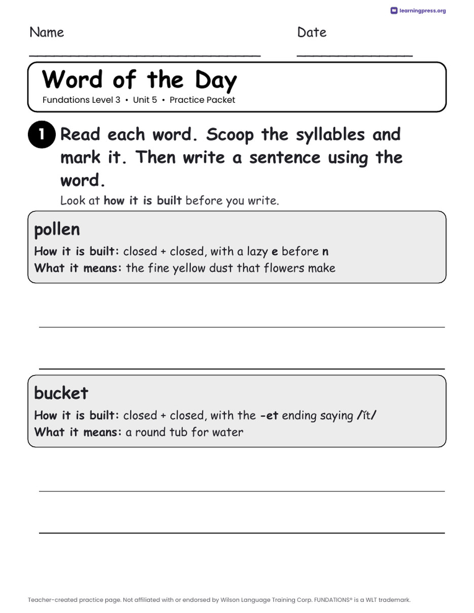 Preview page 2 of Fundations Level 3 Unit 5 Worksheets