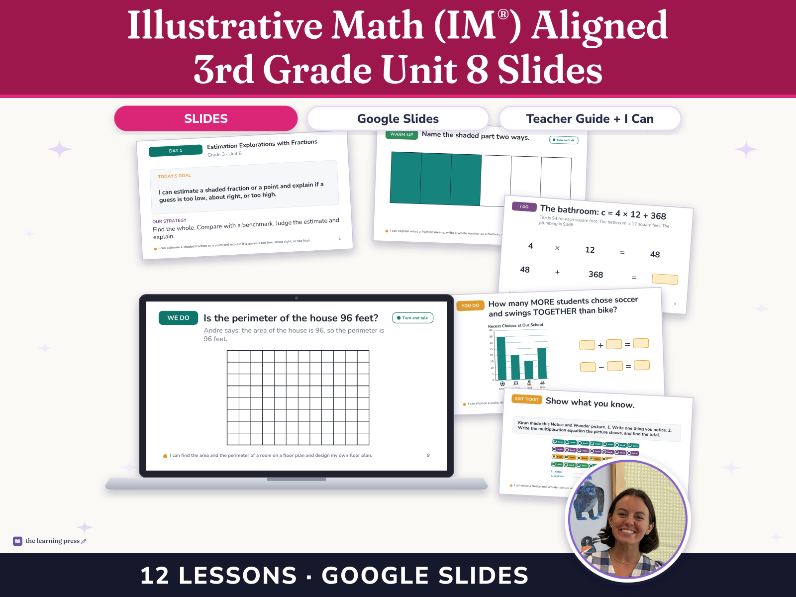 Preview page 1 of Illustrative Math (IM®) Aligned 3rd Grade Unit 8 Slides: Putting It All Together
