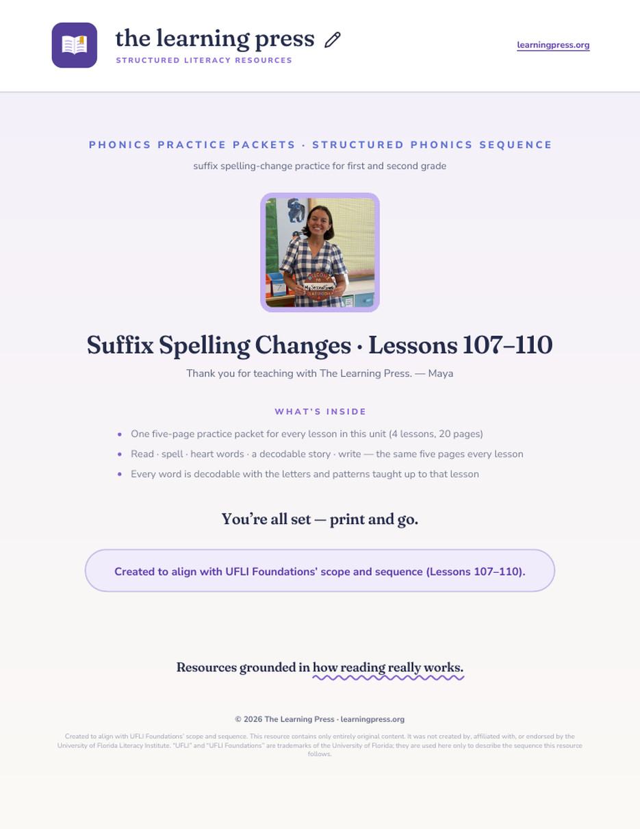 Preview page 1 of UFLI Aligned Worksheets · Lessons 107 – 110 · Suffix Changes Unit Bundle