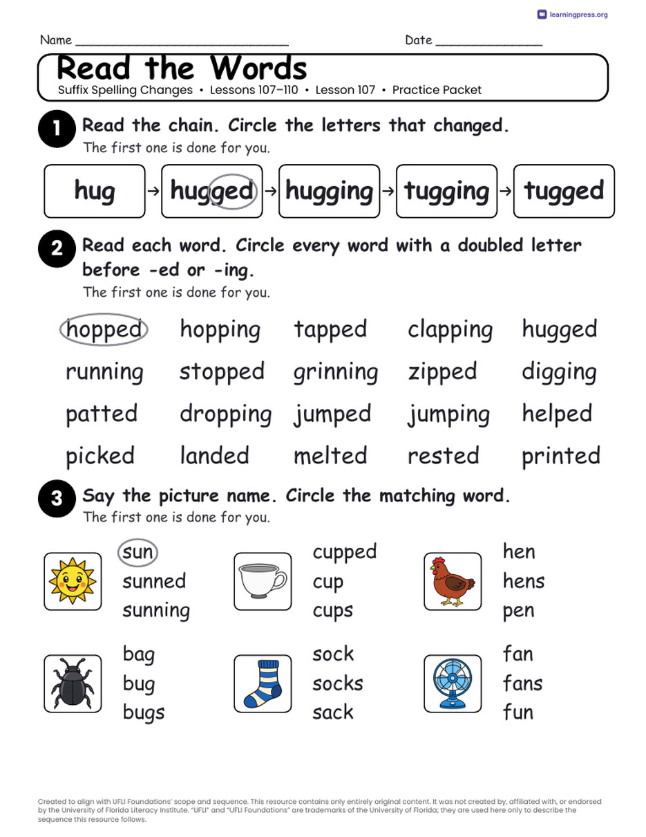 Preview page 2 of UFLI Aligned Worksheets · Lessons 107 – 110 · Suffix Changes Unit Bundle