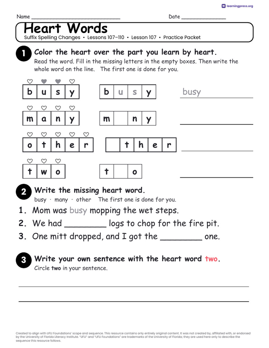 Preview page 3 of UFLI Aligned Worksheets · Lessons 107 – 110 · Suffix Changes Unit Bundle