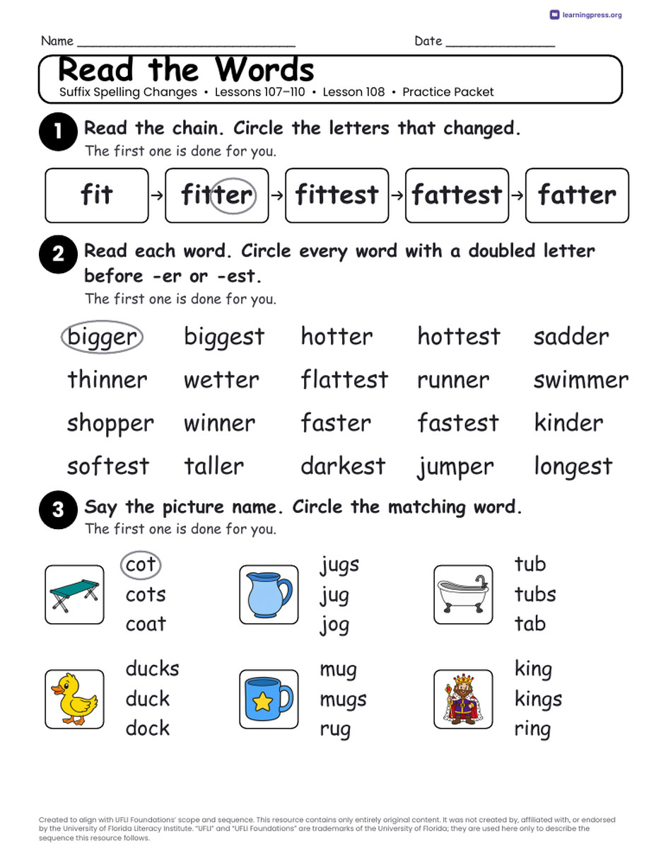 Preview page 4 of UFLI Aligned Worksheets · Lessons 107 – 110 · Suffix Changes Unit Bundle