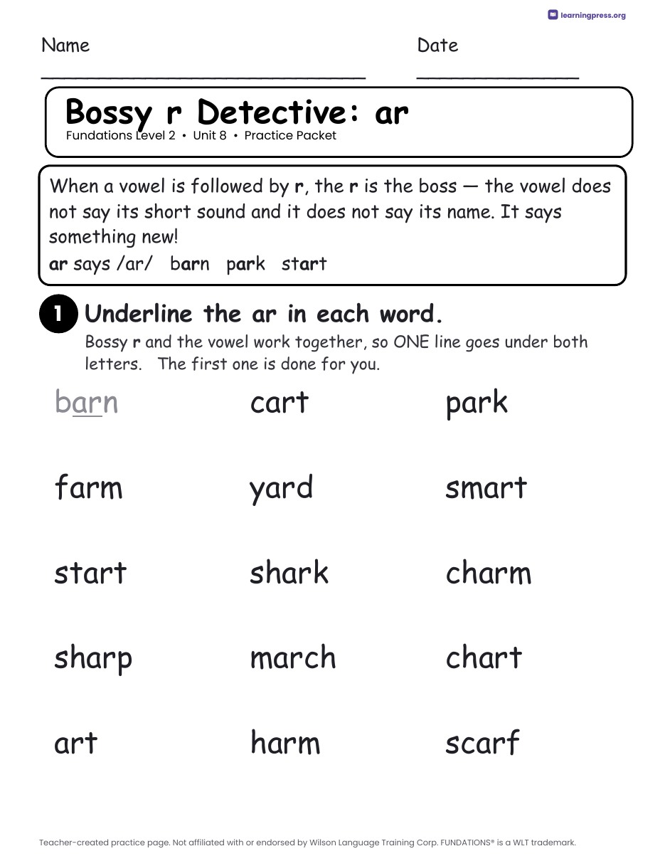 Preview page 1 of Fundations Level 2 Unit 8 Worksheets