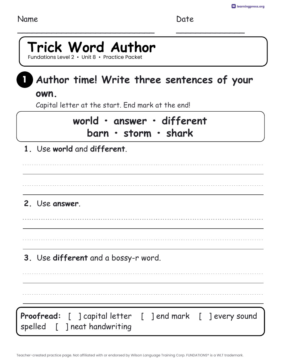 Preview page 3 of Fundations Level 2 Unit 8 Worksheets