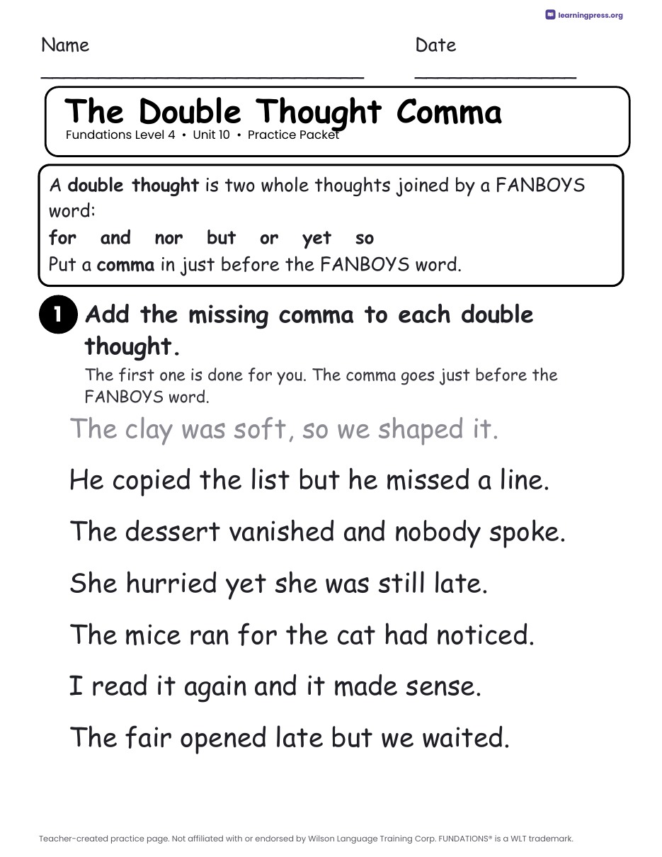 Preview page 3 of Fundations Level 4 Unit 10 Worksheets