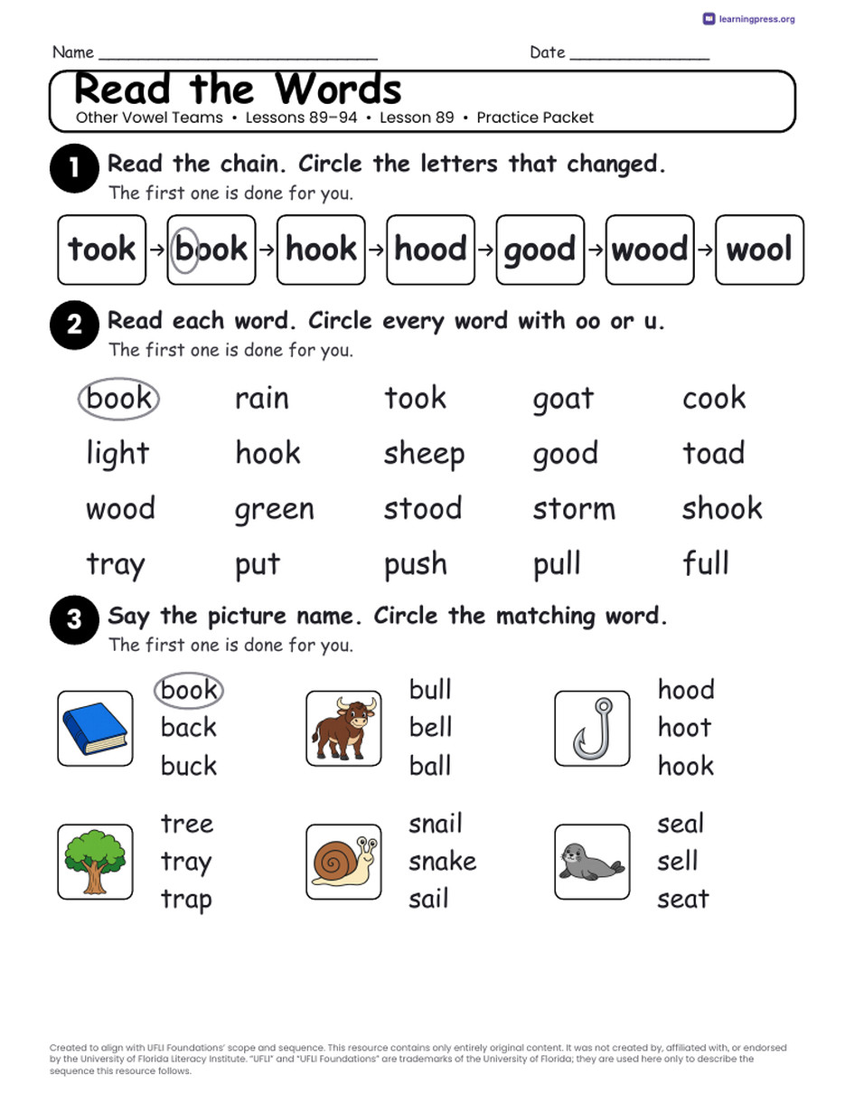 Preview page 2 of UFLI Aligned Worksheets · Lessons 89 – 94 · Other Vowels Unit Bundle
