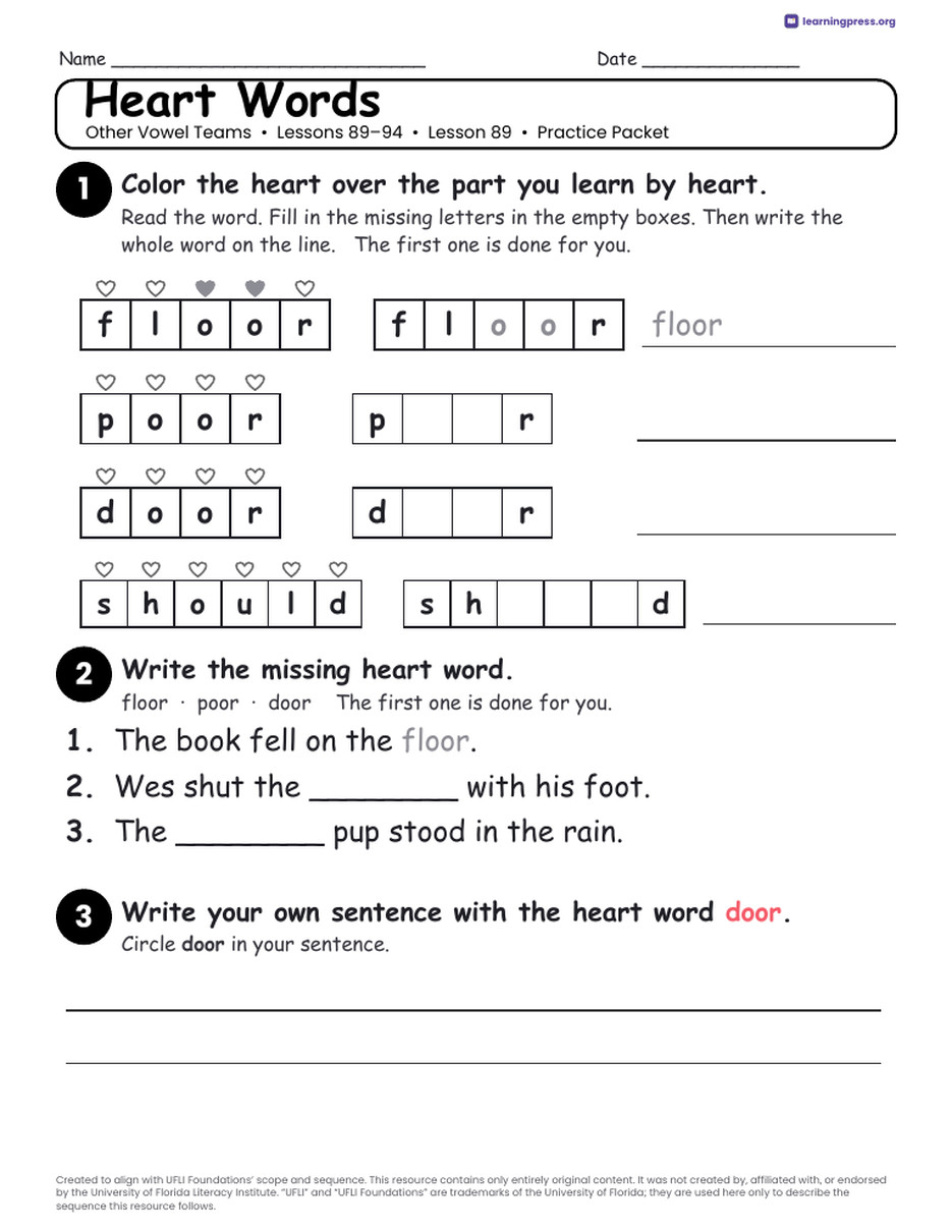 Preview page 3 of UFLI Aligned Worksheets · Lessons 89 – 94 · Other Vowels Unit Bundle