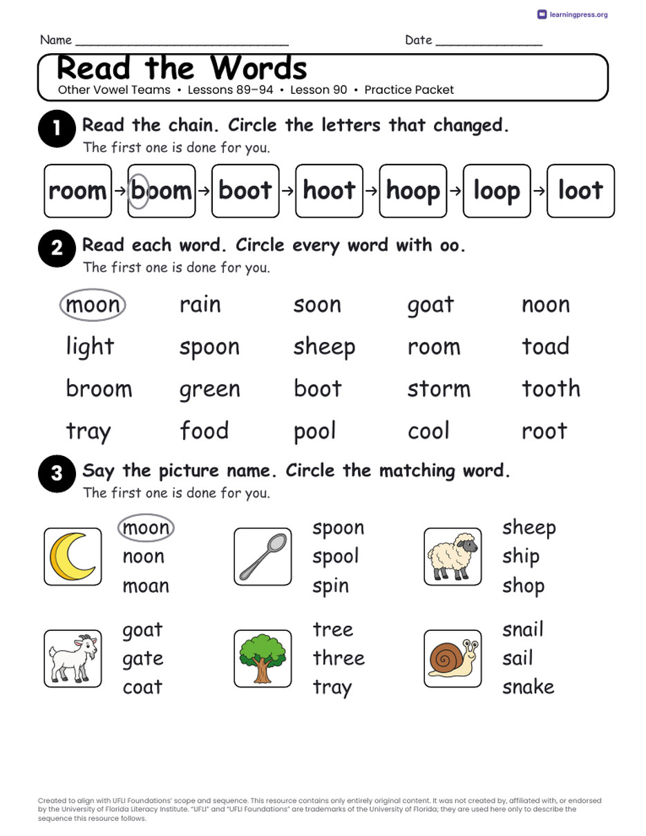 Preview page 4 of UFLI Aligned Worksheets · Lessons 89 – 94 · Other Vowels Unit Bundle