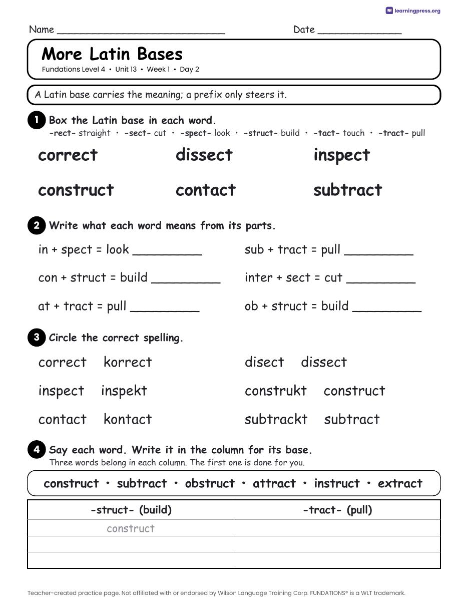 Preview page 1 of Fundations Level 4 Unit 13 Daily Lesson Work Pages