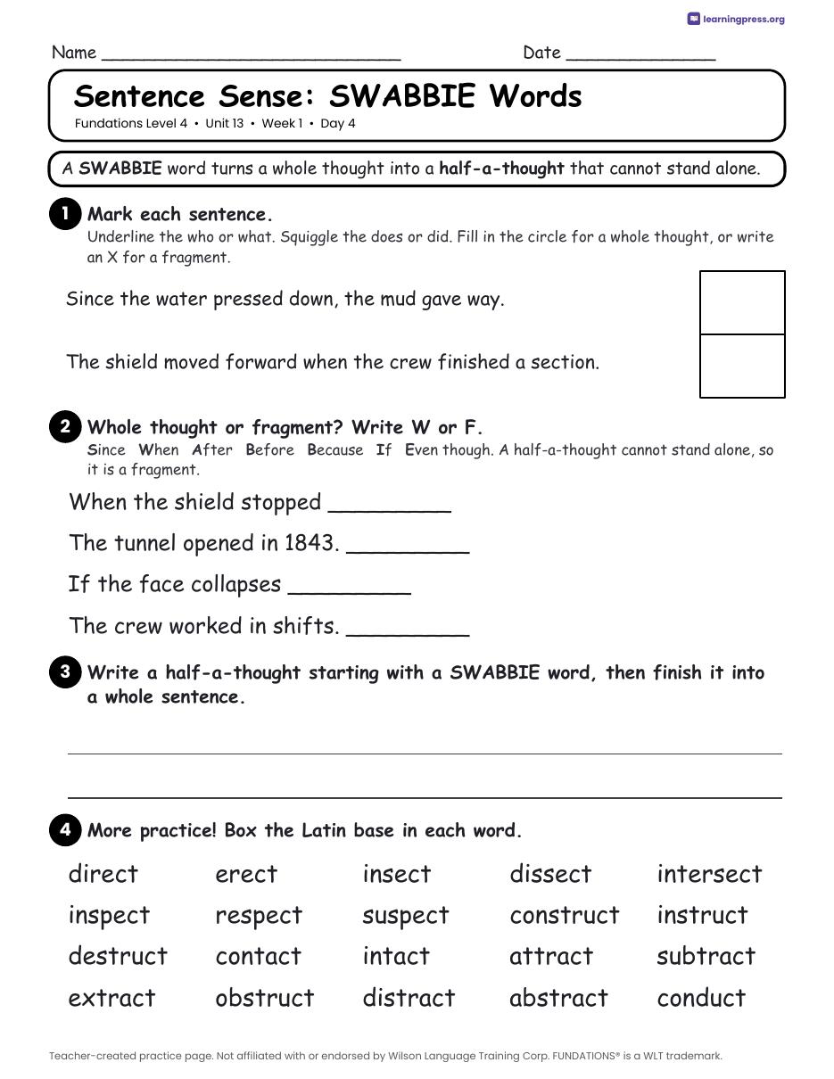 Preview page 2 of Fundations Level 4 Unit 13 Daily Lesson Work Pages